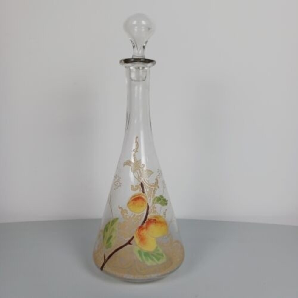 Vintage Painted Glass Decanter MF & Co. Apricot with Stopper